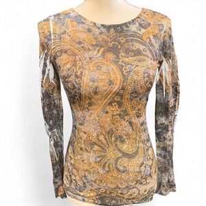 y2k vintage windsor earth tone paisley long sleeve top rhinestones